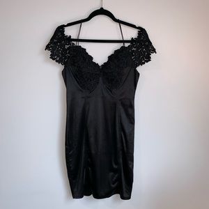 Emprada Black Lace Off Shoulder Satin Dress